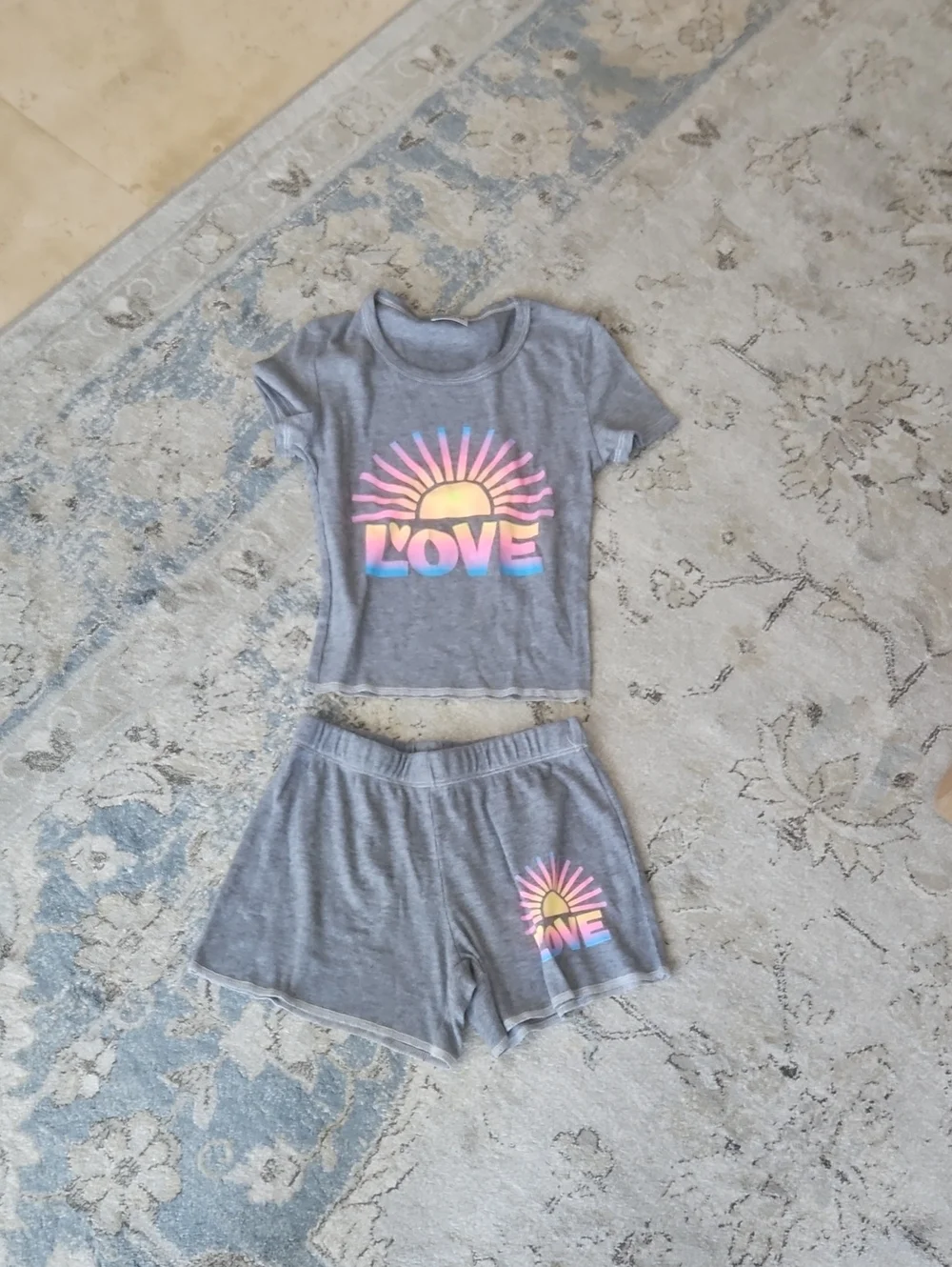 Firehouse Girls' Gray 'Love' Sunrise Short Pajama Set